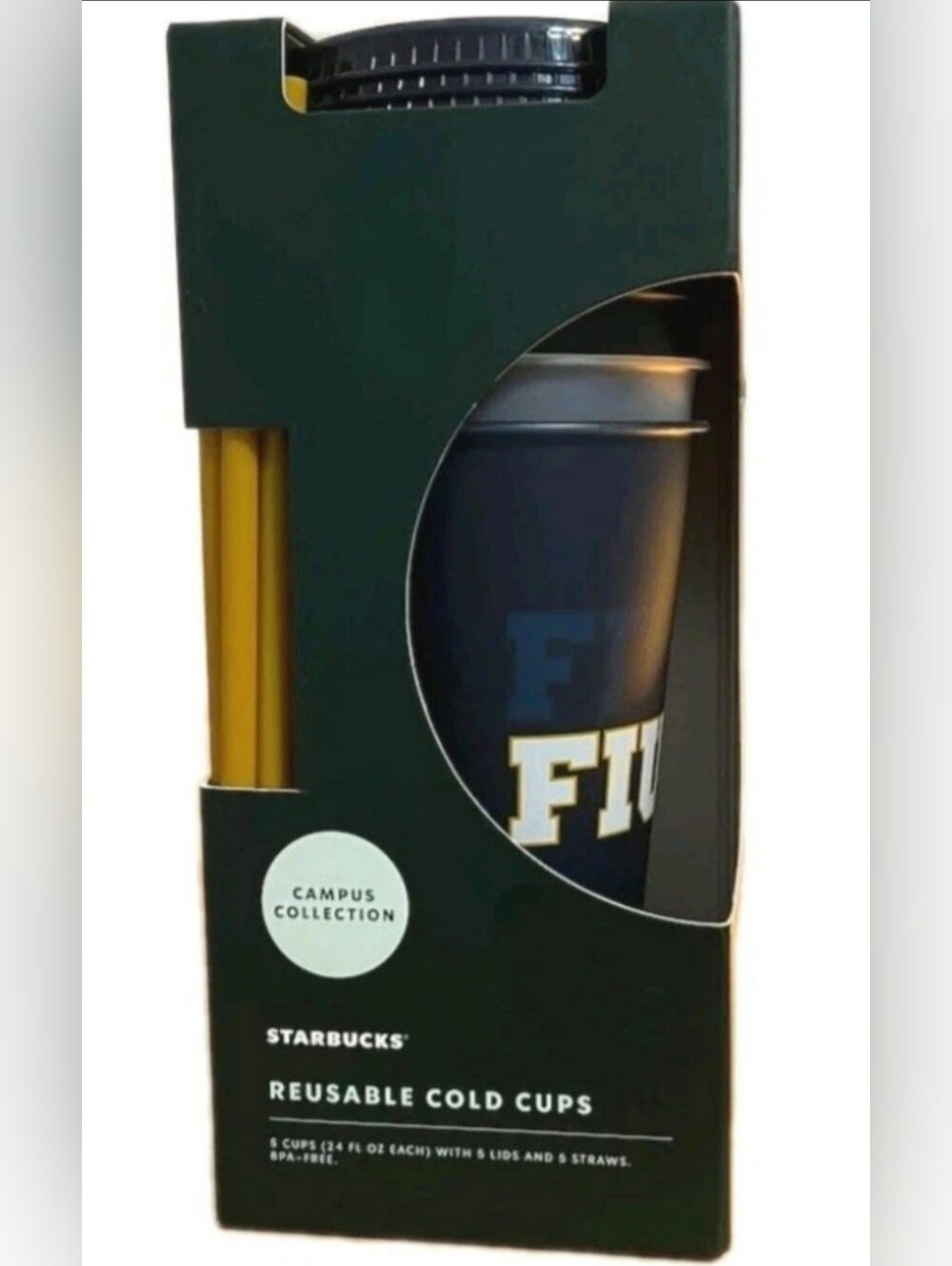 5 Starbucks Campus FIU Florida Reusable Plastic Cold Cups Lids Straws